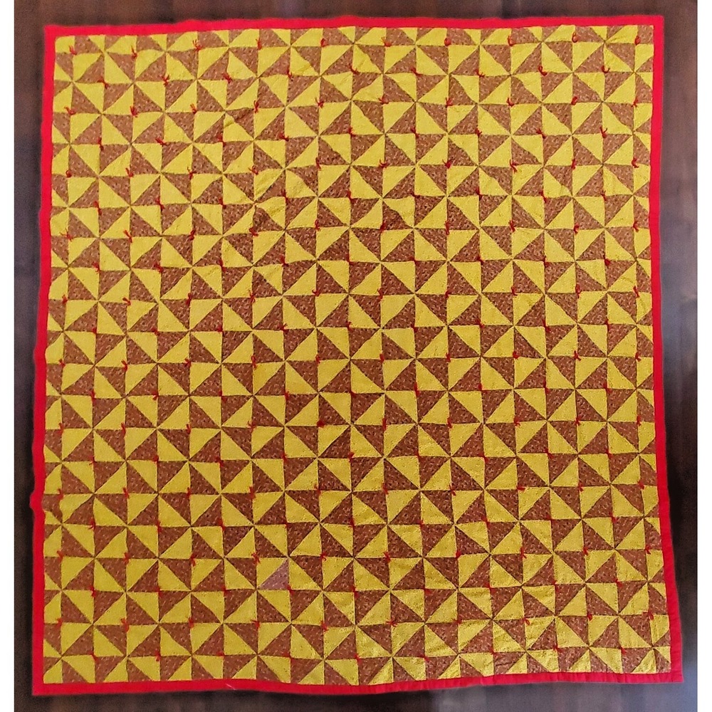 Handmade Queen Quilt Red Yellow Calico Pin Wheel Hand Tied Quilted Blanket 93x99